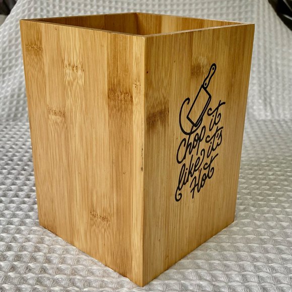 BAMBOO Kitchen Utensil Holder Chop it Like it's Hot 5" x 5" x 7" Tall - Picture 4 of 11